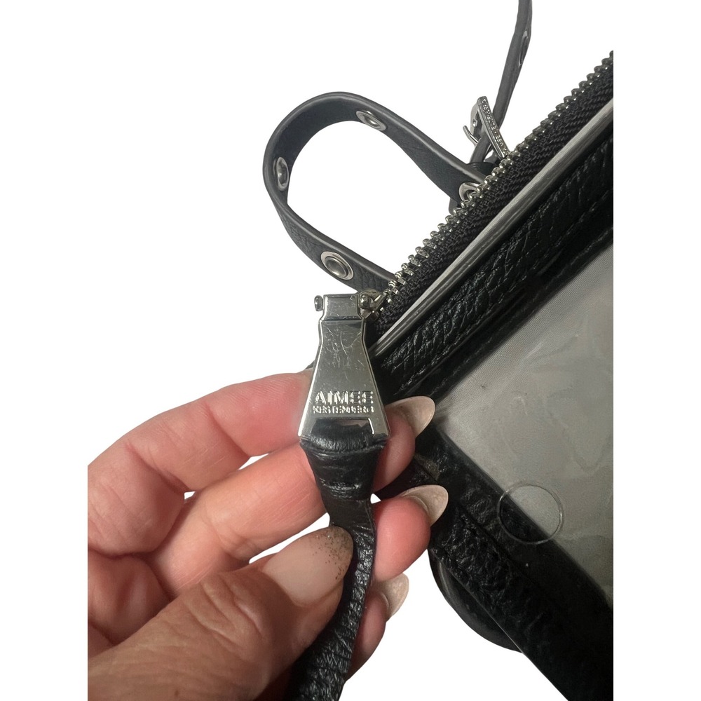 Aimee Kestenberg Black Leather Grey Nylon Crossbody Phone Bag Grommet Strap - Picture 3 of 8